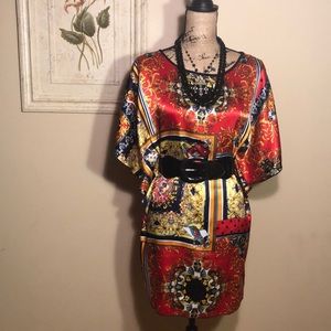 NWOT Silky Tunic Kimono Style Colorful Dress With Belt